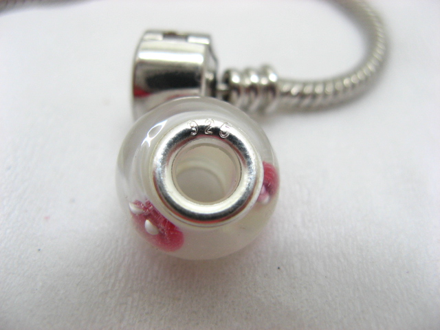 4Pcs White Pink Murano Round Glass European Beads 925 Sterling - Click Image to Close